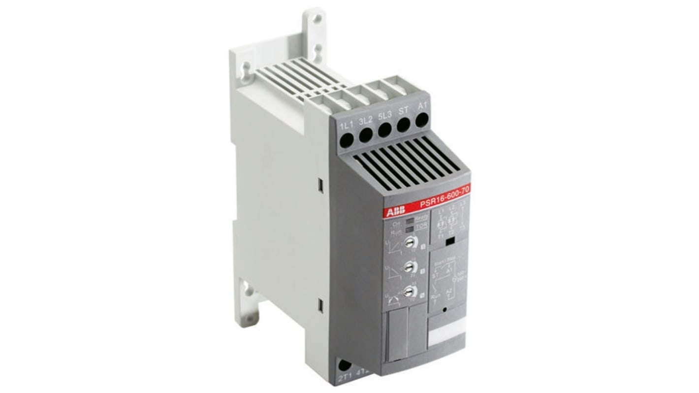 ABB 1SFA896103R7000 - PSR3-600-70, avviatore soft-start 3 fasi, potenza 1,5 kW, montaggio su guida DIN, dimensioni 113,5 x 45 x 140 mm.