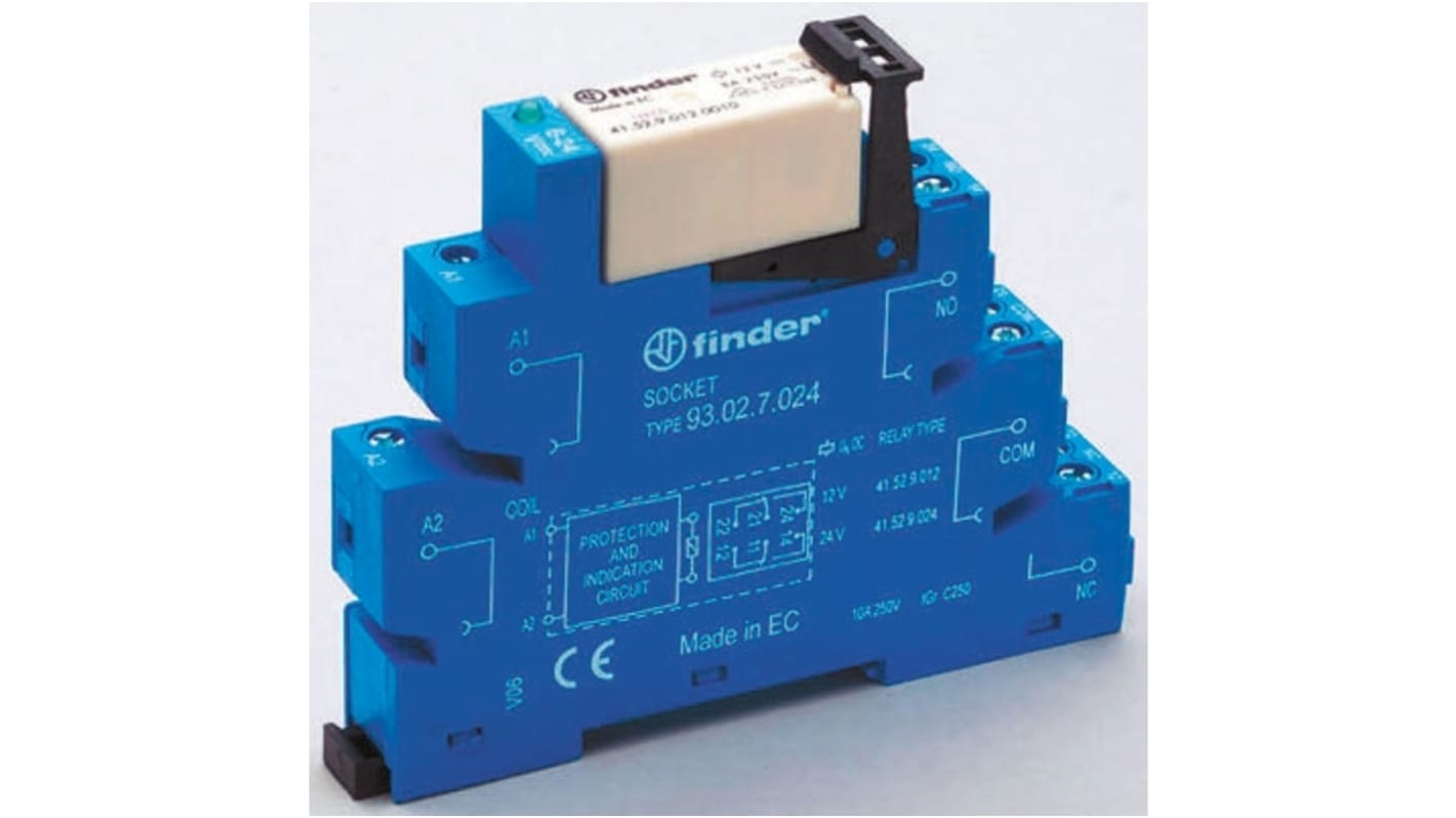 Finder 38.52.0.125.0060, relè d'interfaccia DPDT per guida DIN, bobina 125V, dimensioni 89,7 x 14 x 77,1 mm.