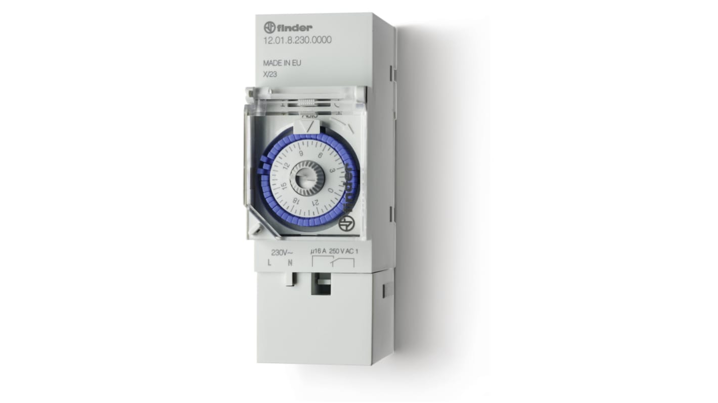 Finder 12.01.8.230.0000, temporizzatore luce scala SPDT, 230 V, 1 canale, dimensioni 105 mm x 60 mm, intervallo minimo 30 minuti.