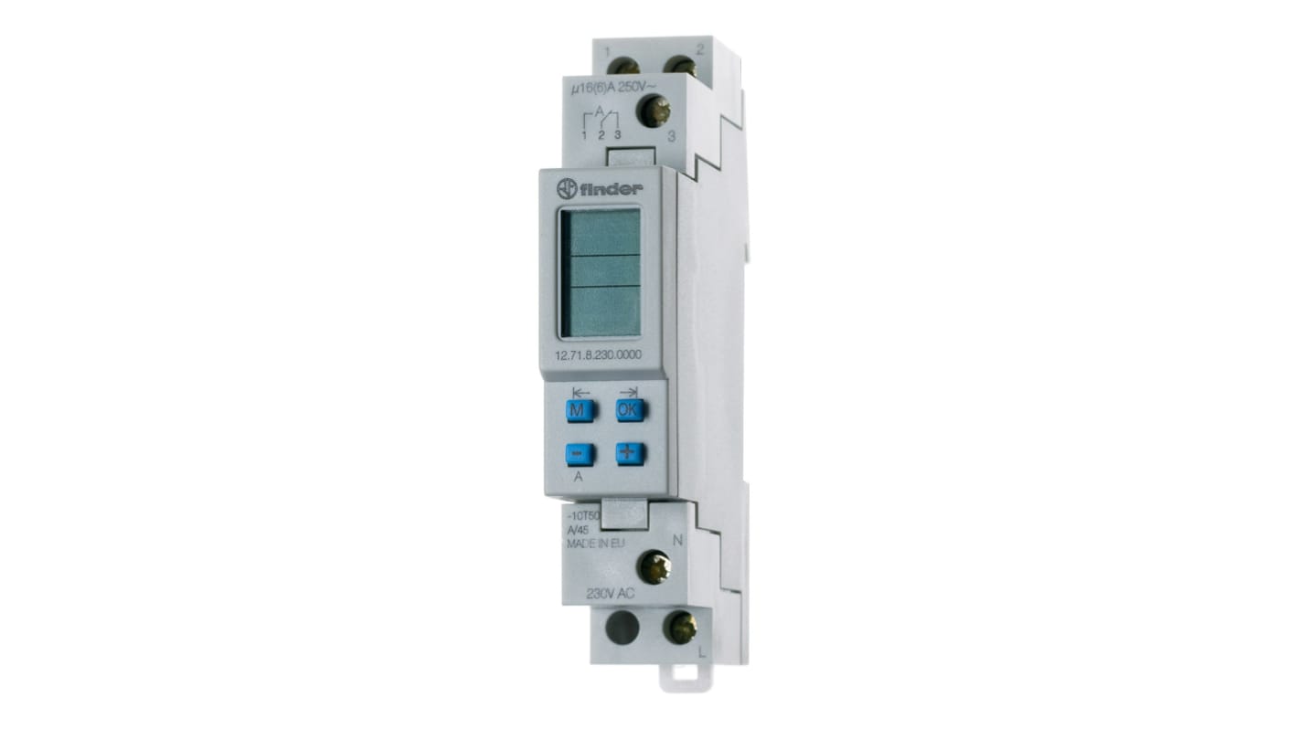 Finder 12.71.8.230.0000, temporizzatore digitale per guida DIN, SPDT, 230 V, programmabile, dimensioni 90 mm x 60 mm.