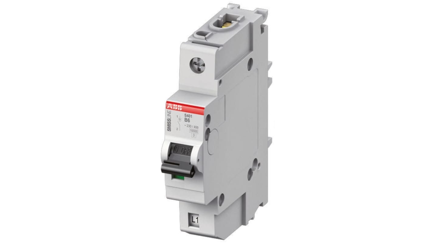 Interruttore magnetotermico ABB S401M-C8, unipolare, 8A, montaggio su guida DIN, dimensioni 91x18x97 mm, conforme a EN 60898-1.