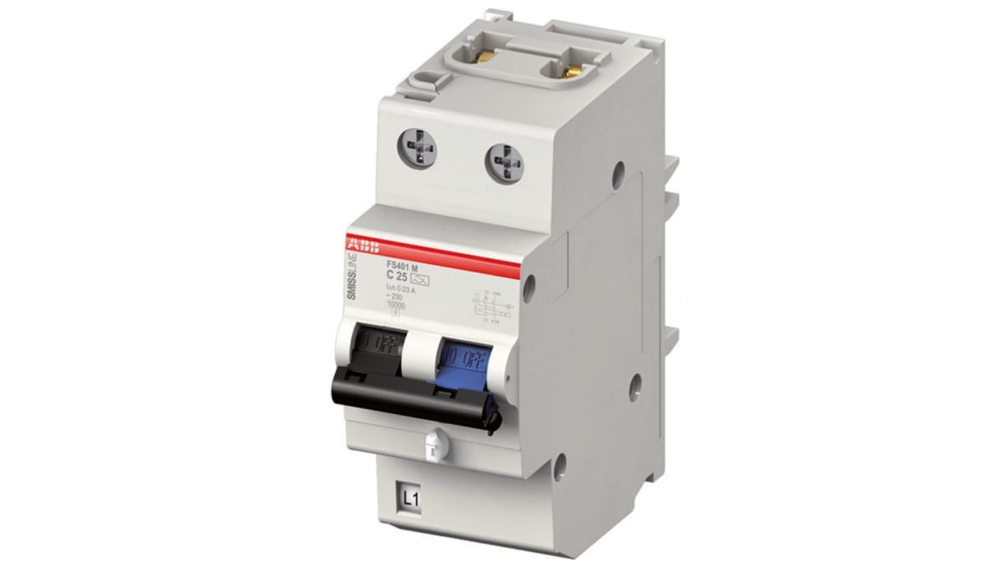 Interruttore differenziale ABB FS401M-B16/0.03, 1P+N, 16A, 30mA, montaggio su guida DIN, tensione 230V.