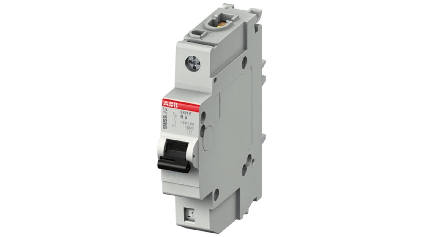 Interruttore magnetotermico ABB S401EB6, 1 polo, 6 A, montaggio su guida DIN, larghezza 18 mm, conforme a EN 60898-1.