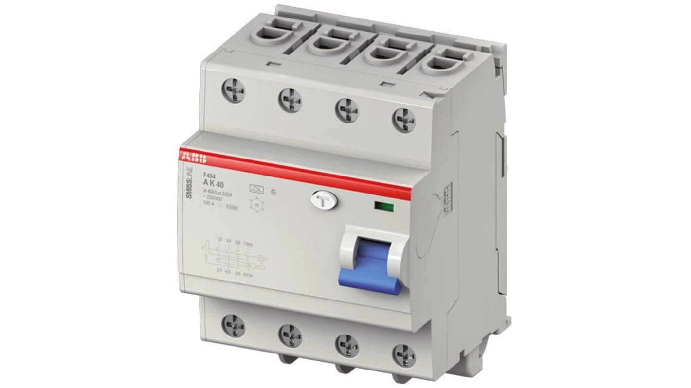 ABB RCCB 3 poli + neutro, 63A, 30mA, montaggio su guida DIN, tensione 400V, caratteristica di intervento istantanea.