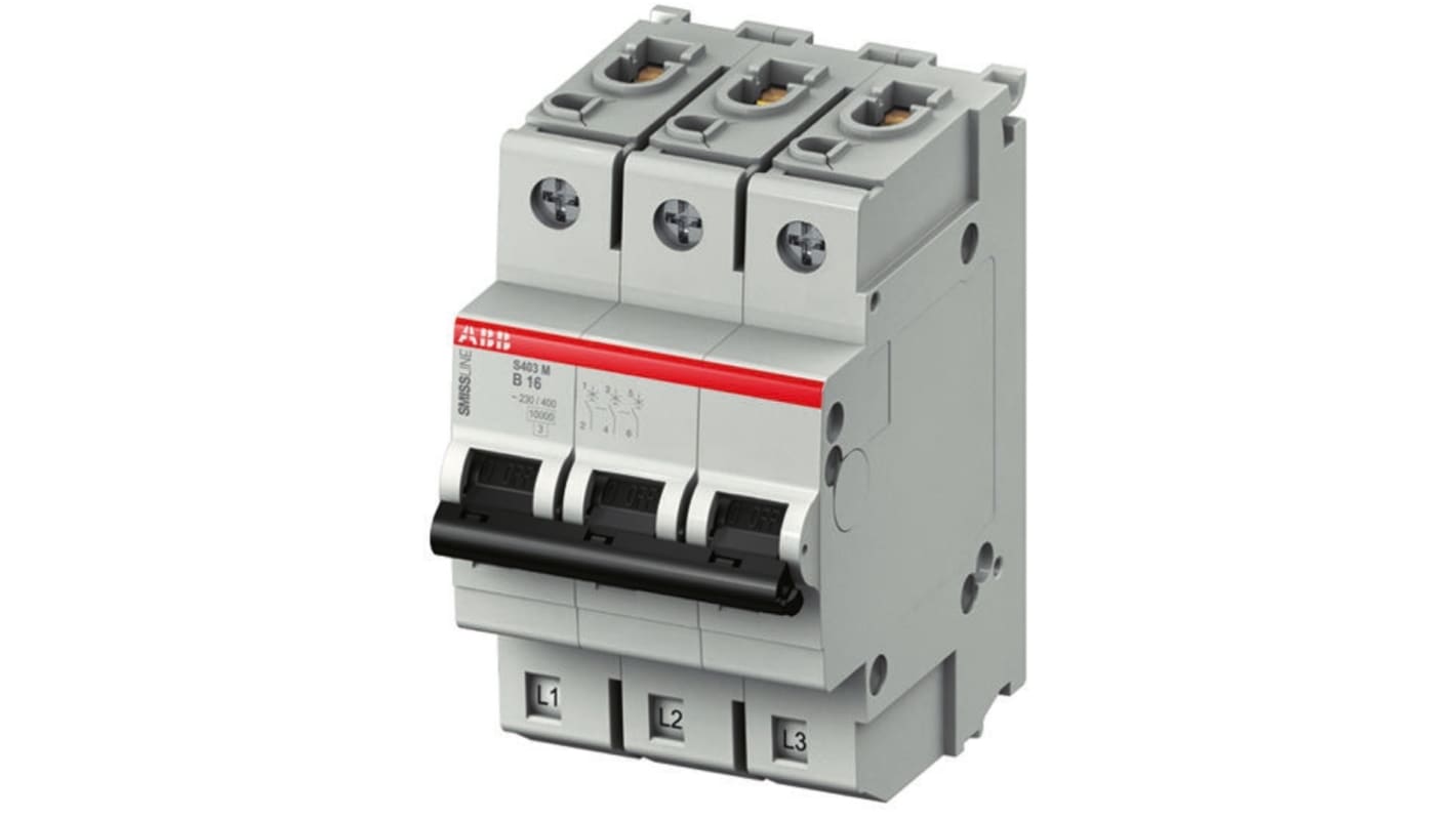 Interruttore magnetotermico ABB Tipo B, 3 poli, 4A, 10 kA, montaggio su guida DIN, dimensioni 91x54x97 mm.