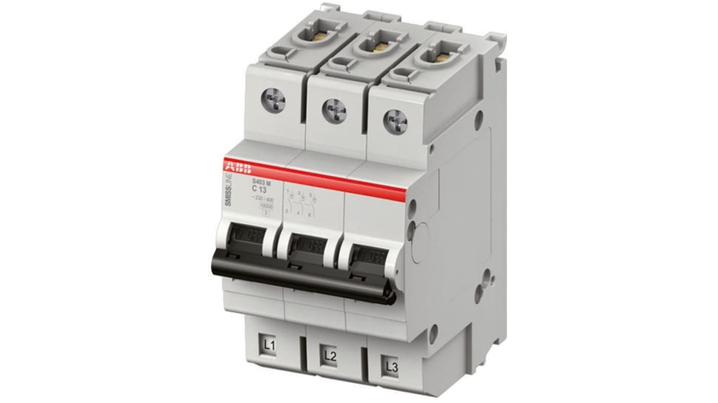 Interruttore magnetotermico ABB S403M-C63, 3 poli, 63A, montaggio su guida DIN, larghezza 54 mm, capacità di rottura 10 kA.