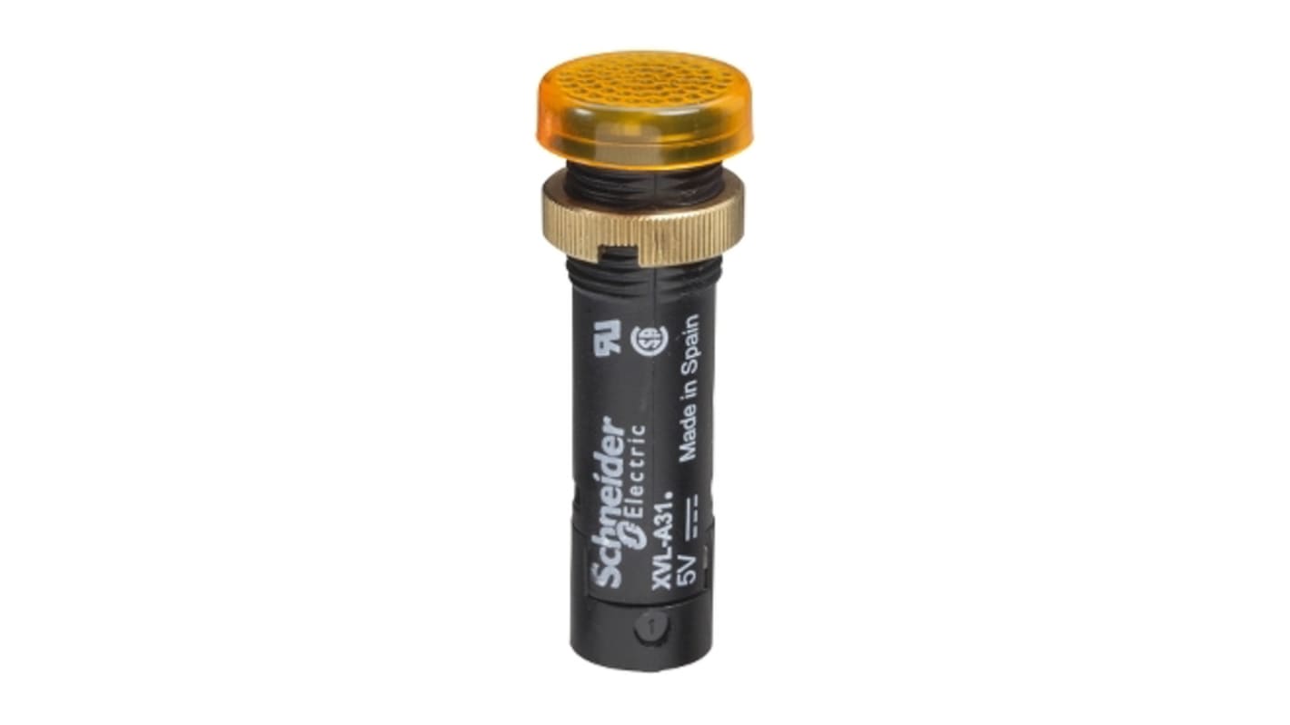 Spia LED gialla Schneider Electric XVLA345, montaggio a pannello 12mm, protezione IP40/IP65, tensione 48V cc.