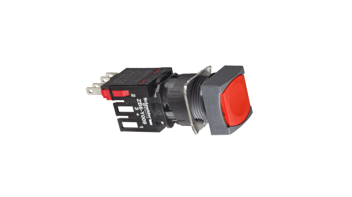 Pulsante SPDT rosso Schneider Electric XB6CA45B, montaggio a pannello, diametro 16 mm, protezione IP65, tensione 250 V.