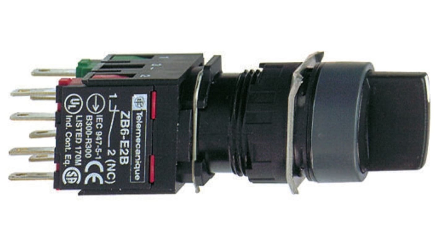 Selettore a 3 posizioni Schneider Electric XB6AD235B con pomelli rotanti neri, grado di protezione IP65, temperatura operativa -25/+70 °C.