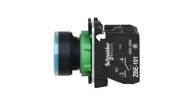 Pulsante SPDT blu illuminato Schneider Electric, montaggio a pannello, diametro 22 mm, grado di protezione IP66/IP67/IP69K.