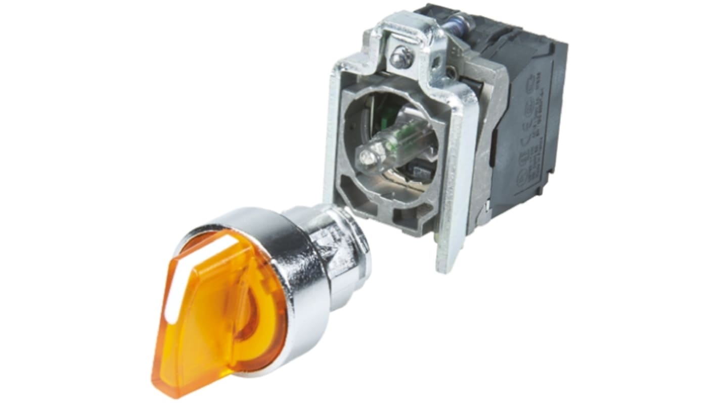 Selettore a 2 posizioni Schneider Electric XB4BK125G5 con manopole luminose rotanti e collegamento a vite. Certificato UL, CSA, IEC, CE.
