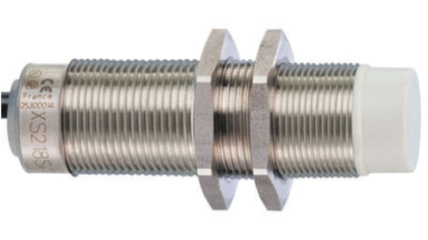 Sensore di prossimità cilindrico NPN Telemecanique Sensors XS218SANAL2, M18 x 1, rilevamento 12 mm, IP69K, montaggio non a filo.