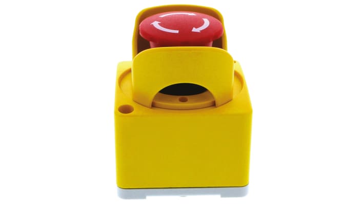 Pulsante di arresto di emergenza ABB CEPY1-2001, montaggio superficiale, rosso e giallo, grado di protezione IP67/IP69K, dimensioni 78 x 65 x 65 mm.