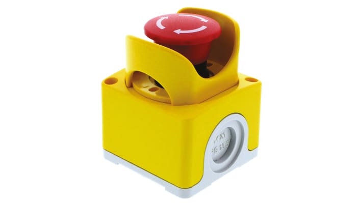 Pulsante di arresto di emergenza ABB CEPY1-2001, montaggio superficiale, rosso e giallo, grado di protezione IP67/IP69K, dimensioni 78 x 65 x 65 mm.