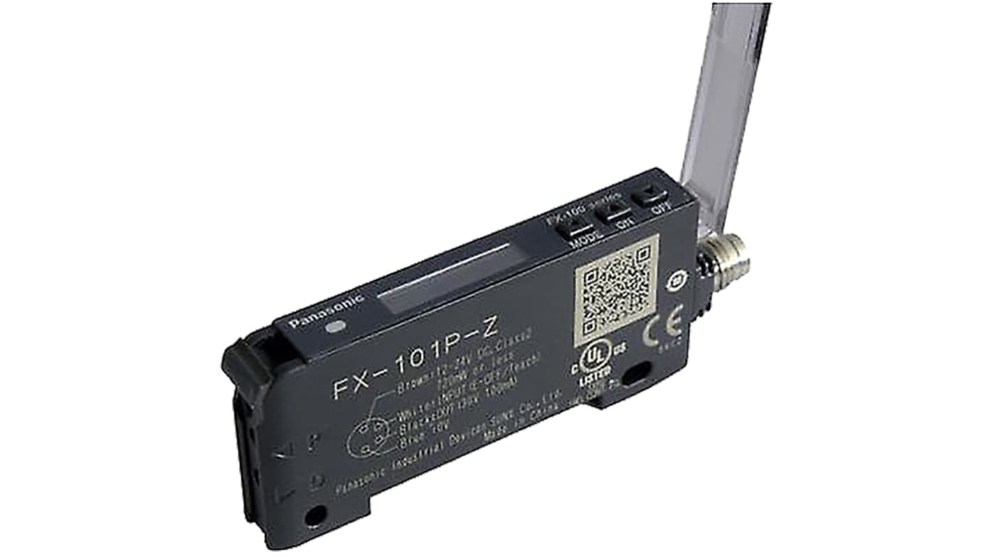 Sensore PNP per fibre ottiche Panasonic FX-101P-Z, alimentazione 12-24 V c.c., dimensioni 64,5 x 9 x 30 mm.