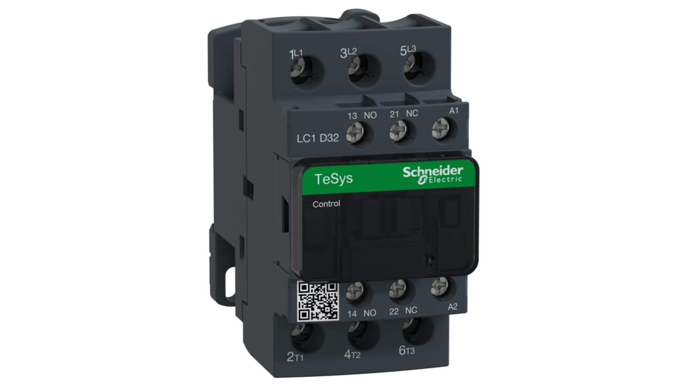 Contattore Schneider Electric LC1D32U7, 3 poli, 32 A, 230 V, montaggio su guida DIN, dimensioni 85x45x90 mm.