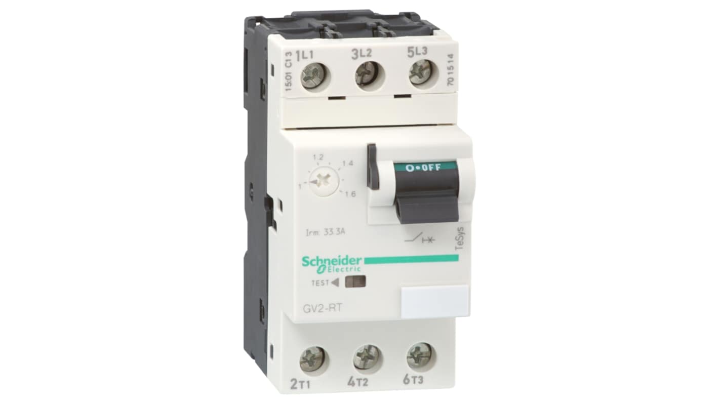 Interruttore automatico del motore Schneider Electric GV2RT03, 3 poli, corrente nominale 0.25-0.4 A, dimensioni 89x44.5x78.5 mm.