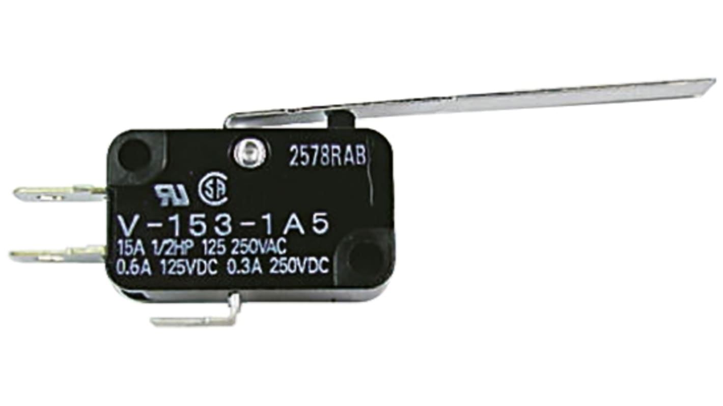 Microinterruttore Omron VX-013-1C23 SPDT, attuatore con leva lunga, corrente 100 mA, protezione IP40, durata 10 milioni di operazioni.