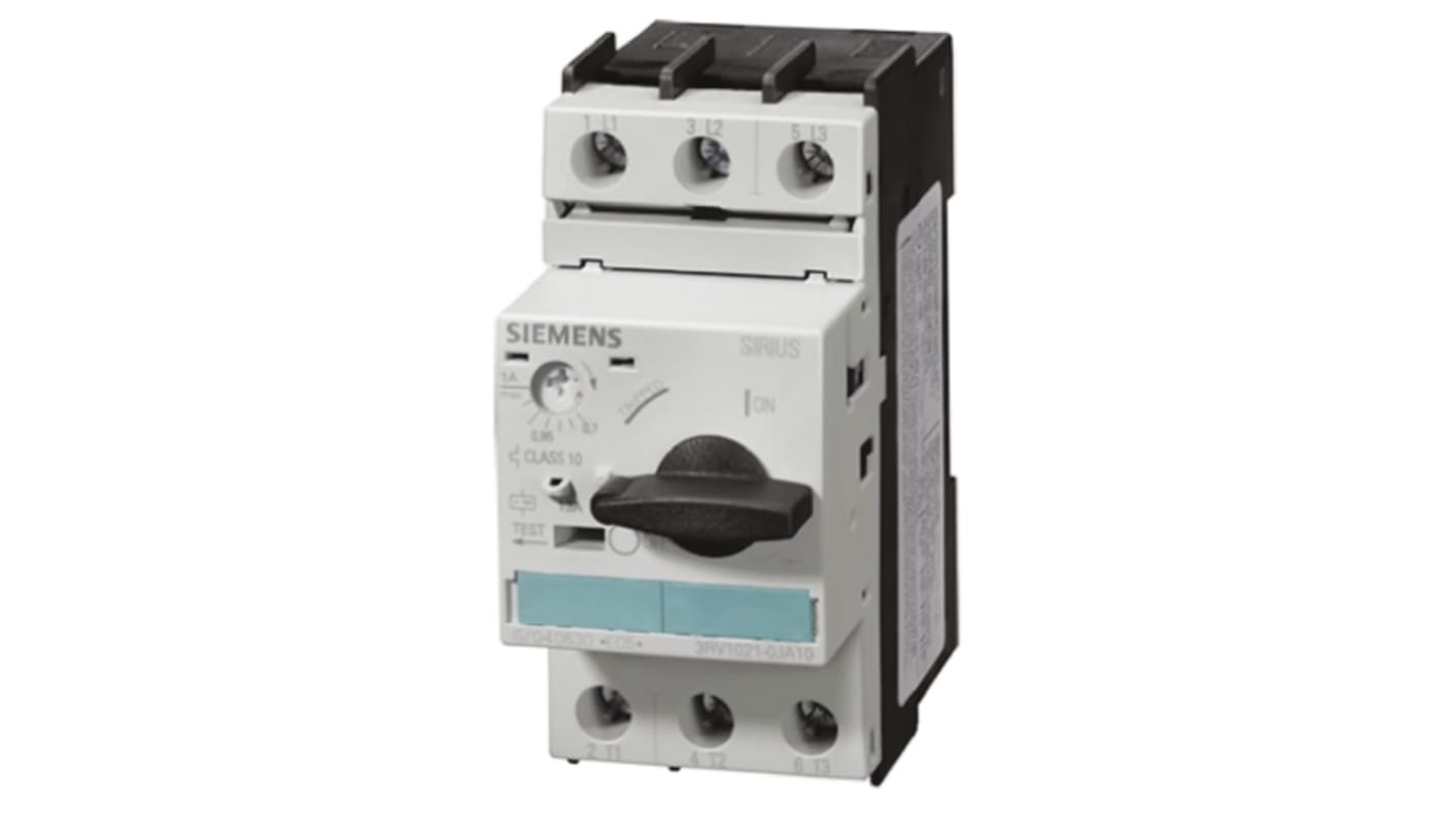 Interruttore magnetotermico Siemens 3P, 2A, 100 kA, montaggio su guida DIN, dimensioni 97x45x96 mm, codice 3RV1021-1BA10.