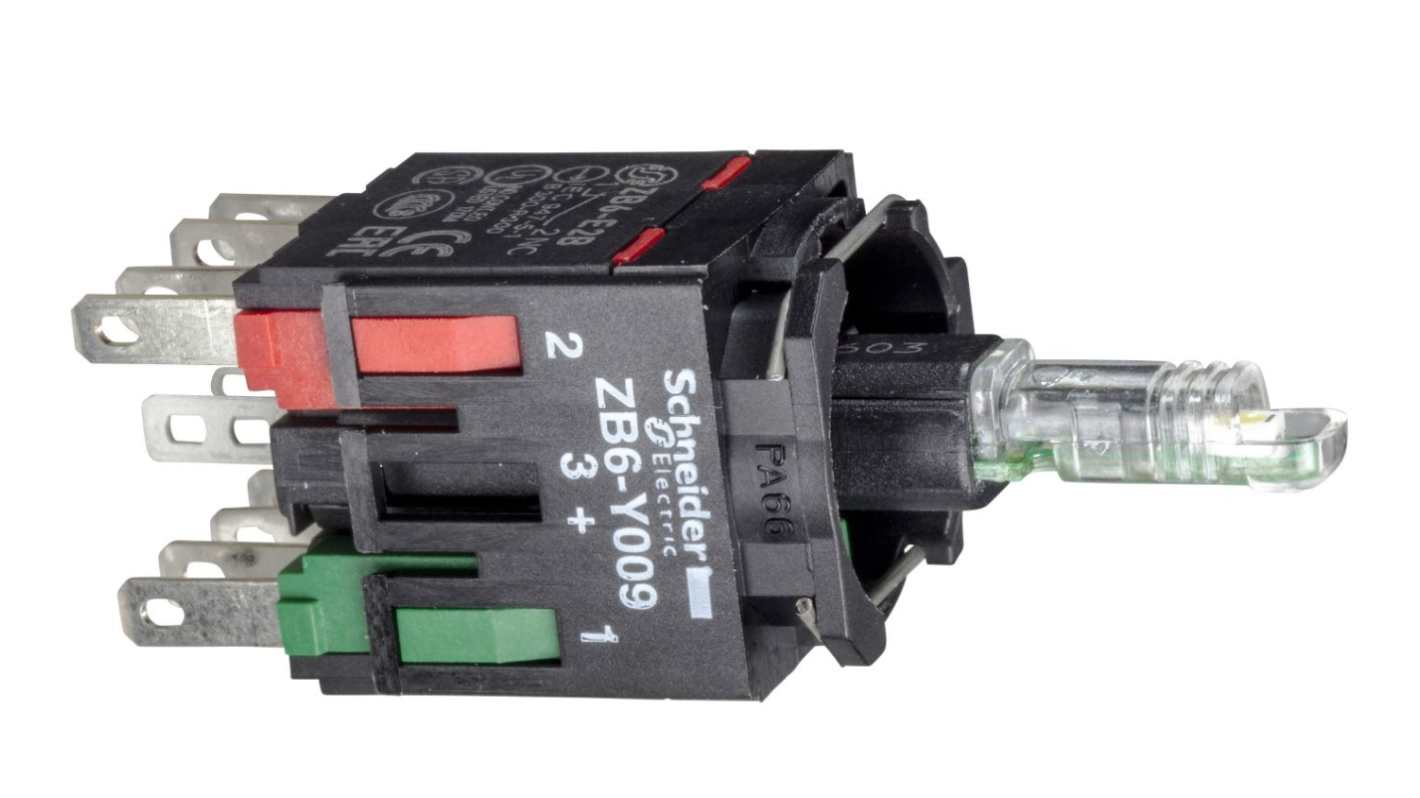 Blocco contatti Schneider Electric ZB6ZB31B, LED verde, tensione 12-24V, grado di protezione IP65, collare di fissaggio incluso.