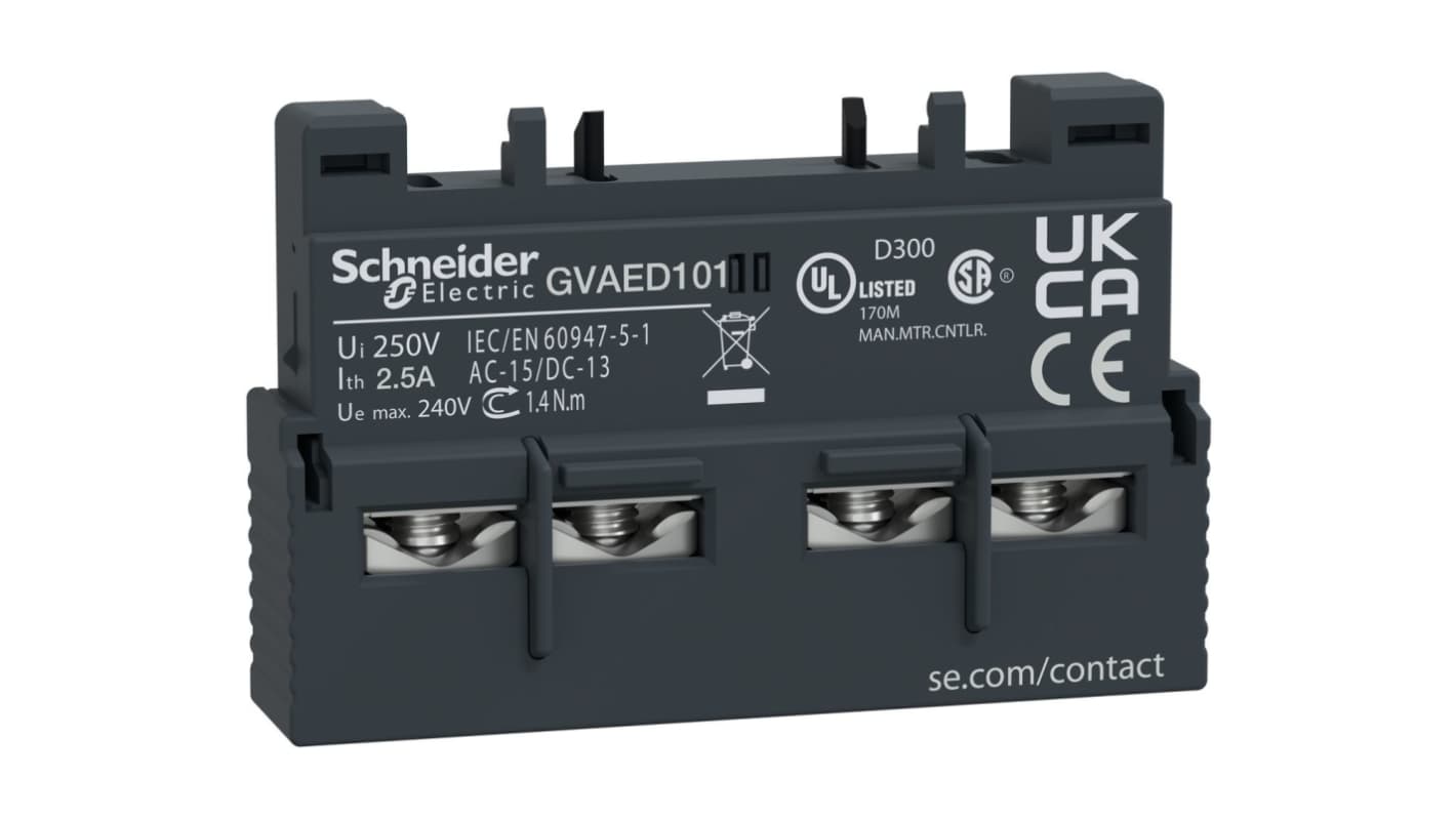 Contatto ausiliario Schneider Electric GVAED101 per interruttori motori, 2 contatti, montaggio anteriore, reset manuale.
