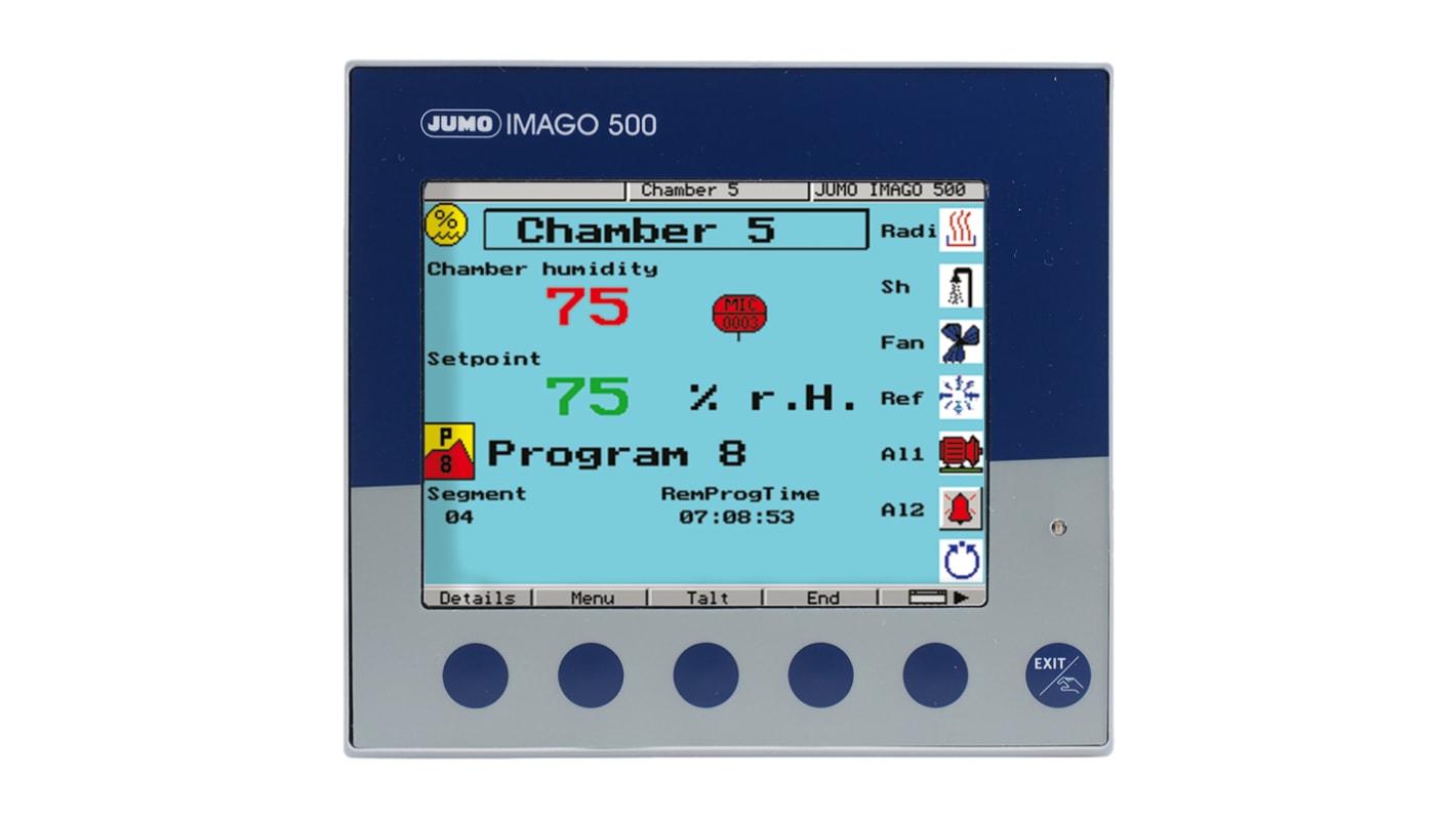 Termoregolatore PID Jumo 703590/281-8800-350000-23-00, dimensioni 144 x 133 mm, alimentazione 110-240 V, display TFT multicolore.