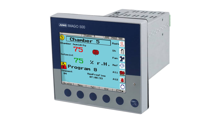Termoregolatore PID Jumo 703590/281-8800-350000-23-00, dimensioni 144 x 133 mm, alimentazione 110-240 V, display TFT multicolore.