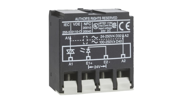Modulo d'interfaccia contattore Schneider Electric LA4DWB per serie LC1, tensione 250V, montaggio diretto, tecnologia a stato solido.