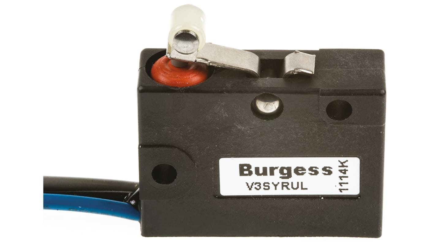 Microinterruttore SPDT pre-cablato Saia-Burgess V3SYR-UL, grado di protezione IP67, attuatore a leva, corrente 5 A.