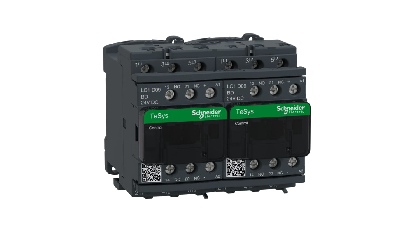 Contattore reversibile Schneider Electric LC2D09BDV, 9 A, 24 V c.c., montaggio su guida DIN, dimensioni 90 x 82,5 x 95 mm.