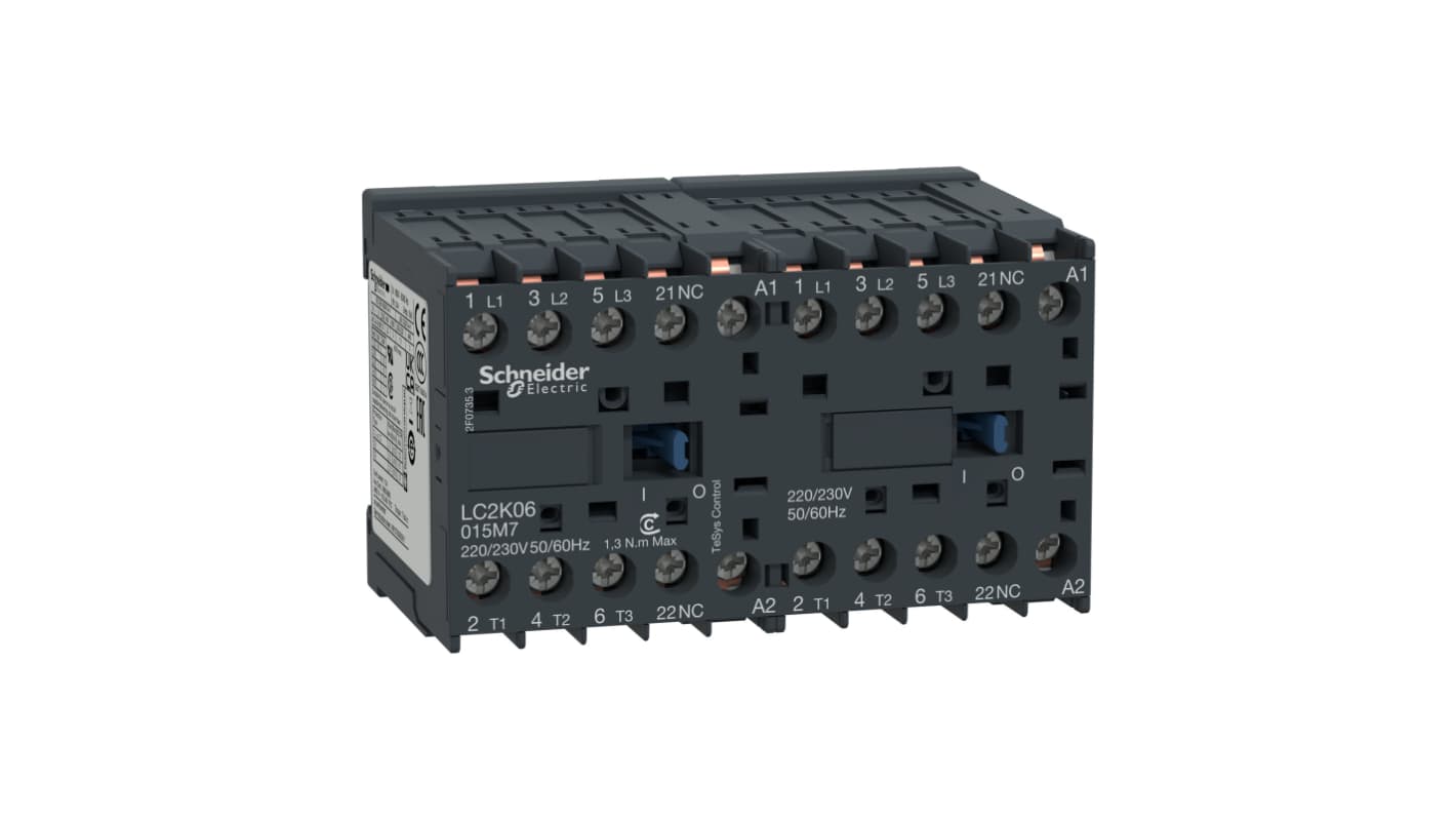 Teleinvertore reversibile Schneider Electric LC2K09015E7, 3 poli, 20 A, 48 V c.a., montaggio su guida DIN, dimensioni 58x90x57 mm.