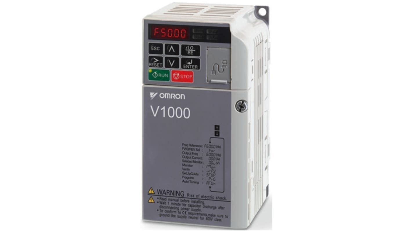 Inverter trifase Omron VZA45P5FAA, potenza 5,5 kW, tensione 400 V, grado di protezione IP20, dimensioni 140x254x140 mm.