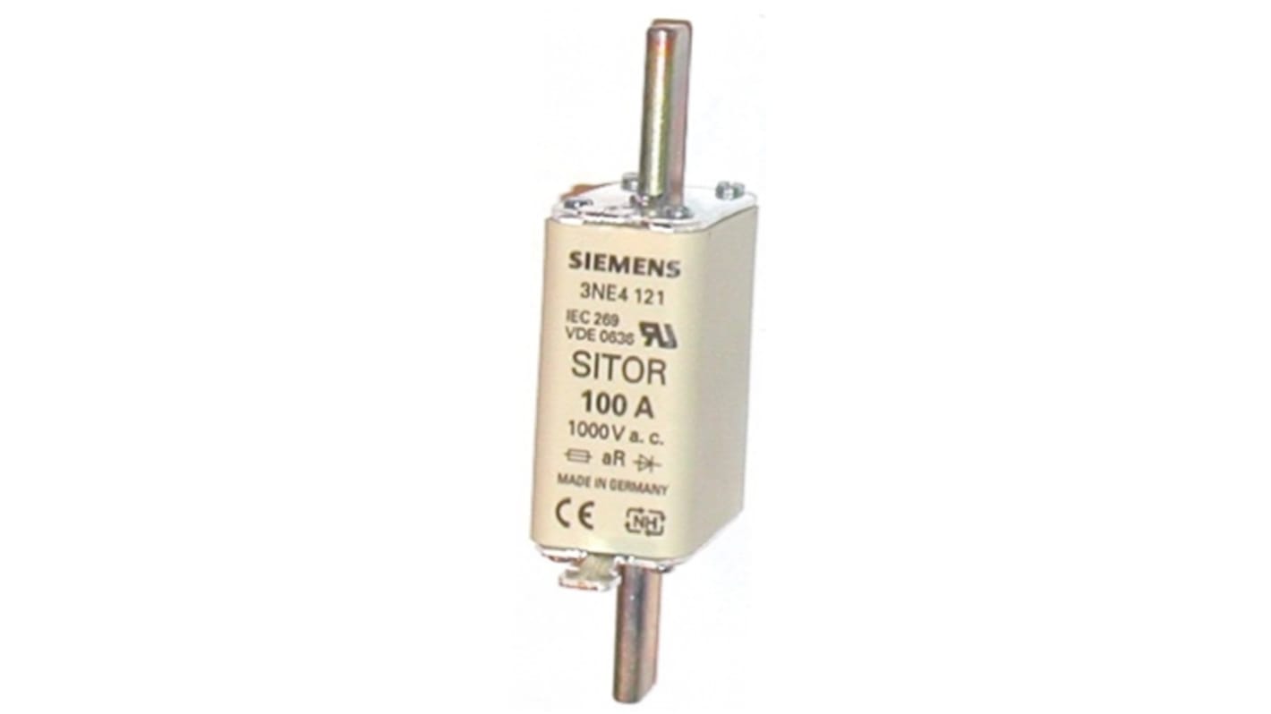 Fusibile NH0 Siemens 3NE4121 a linguette centrate, 100A, 1000V ca, progettato per la protezione di semiconduttori e cavi. Dimensioni: 125mm x 47mm x 30mm.