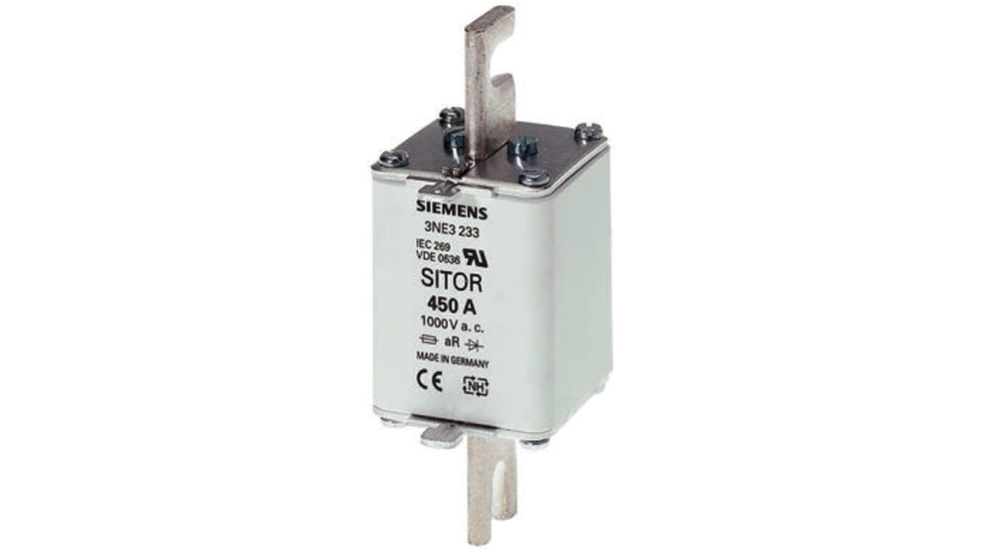 Fusibile NH1 aR Siemens 3NE3222, 125A, 1kV, progettato per protezione da sovraccarichi, dimensioni 135mm x 52mm x 63.5mm.