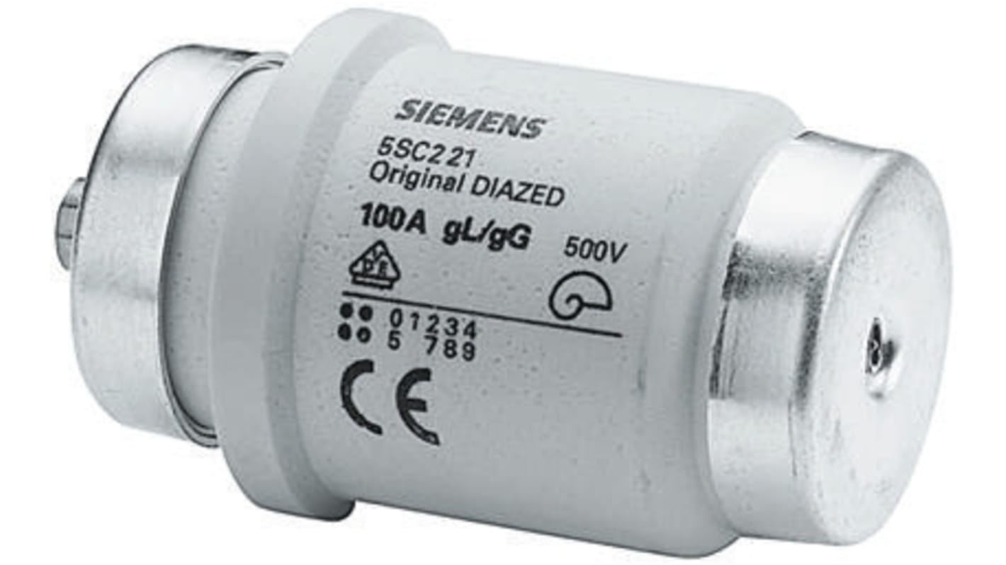 Fusibile Diazed Siemens 5SC221, 100A, tipo gG, con indicatore rosso, tensione 500V, corpo ceramico, conforme IEC 60269-3.