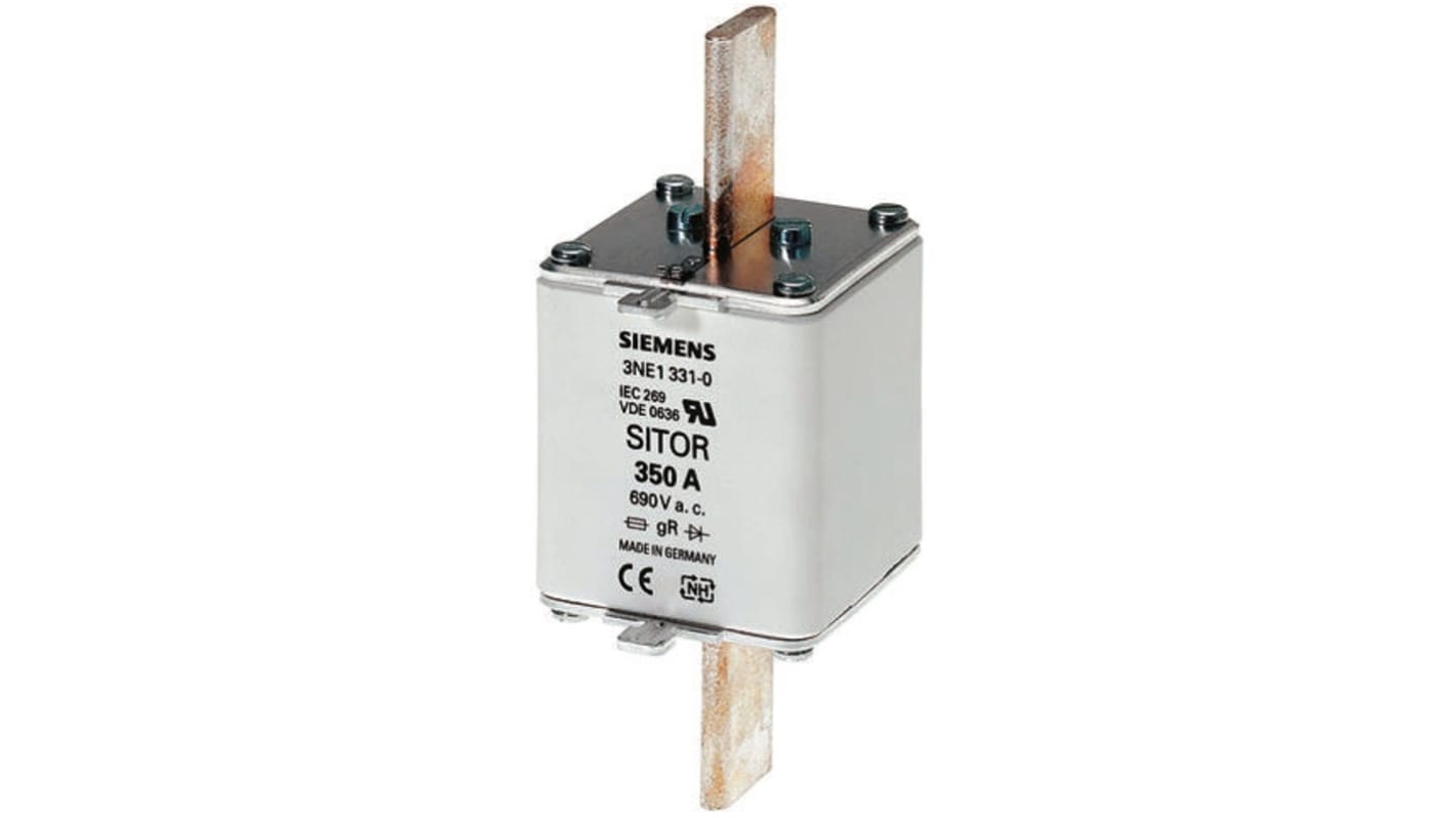 Fusibile industriale Siemens 3NE1331-0 per protezione semiconduttori, 350A, classe gS, compatibile con basi NH. Conforme agli standard IEC 60269-2.