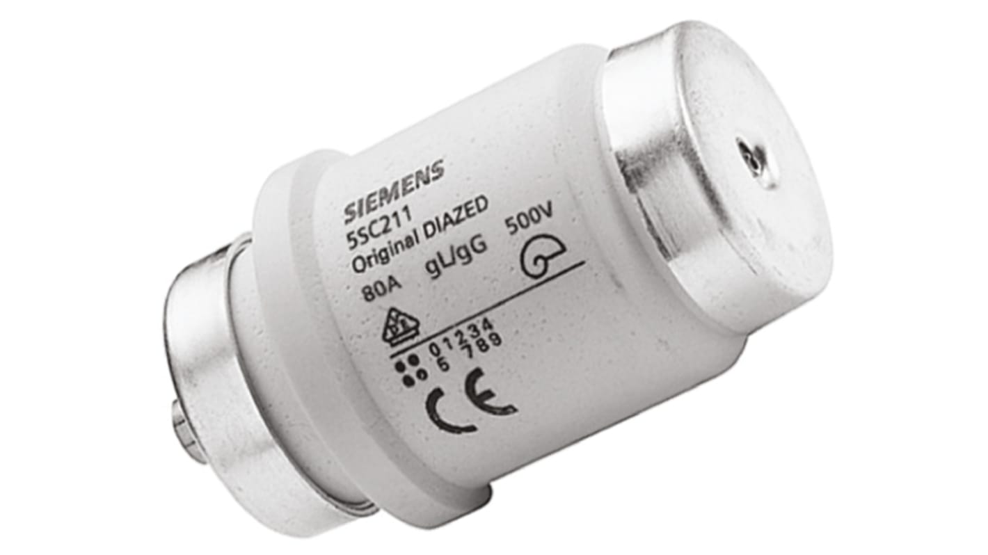 Fusibile Diazed Siemens 5SC211, 80A, tipo gG, con indicatore argento, tensione 500V, corpo in ceramica.