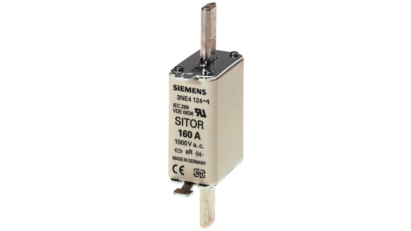 Fusibile NH0 Siemens 3NE4120, 80A, contatti centrati, 1000V, dimensioni 125x6x47mm, progettato per la protezione di semiconduttori.