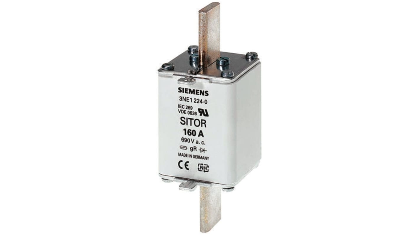 Fusibile NH1 Siemens 3NE1227-0, 250A, 690V, con linguette centrate per installazione in basi fusibile. Dimensioni: 135mm x 73mm x 52mm.
