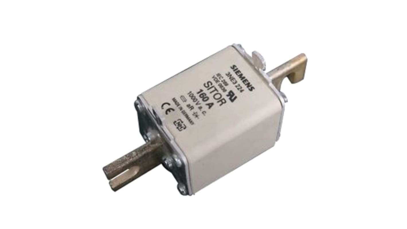 Fusibile NH1 aR Siemens 160A, progettato per proteggere cavi da sovraccarichi, dimensioni 135x12.5x63.5mm, montaggio con fori M10.