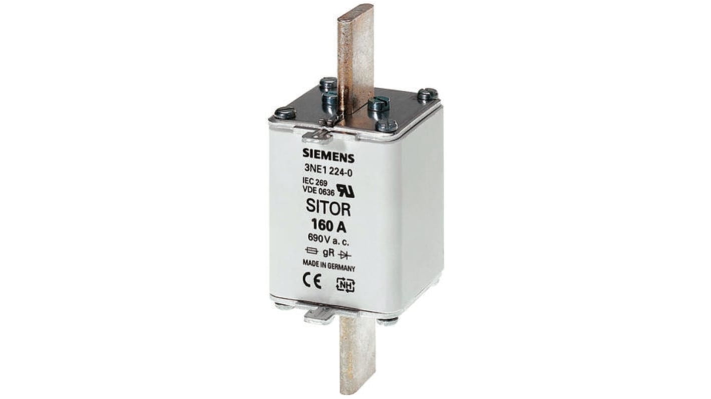 Fusibile NH00 Siemens 3NE1021-0, 100A, contatti a lama, dimensioni 53 x 30 x 48mm, per protezione cavi e semiconduttori.