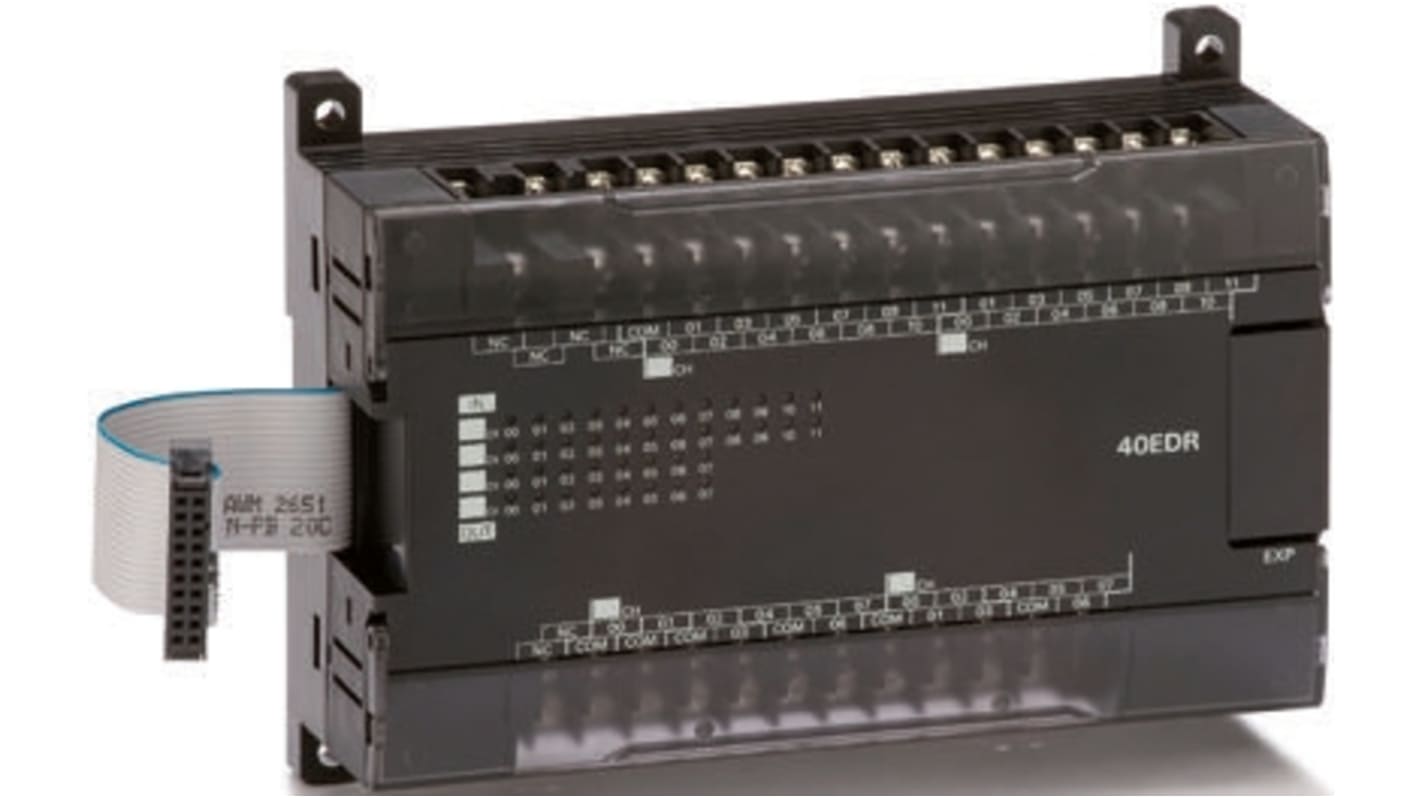 Modulo di espansione PLC Omron CP1W-40EDR, 24 ingressi digitali, 16 uscite a transistor, montaggio su guida DIN, dimensioni 110 x 150 x 50 mm.