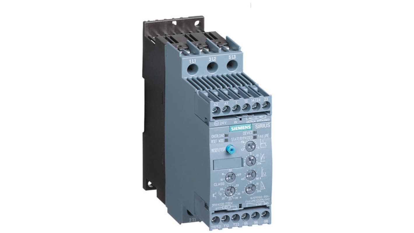 Avviatore soft-start Siemens 3RW4038-1BB04, 3 fasi, 37 kW, 72 A, montaggio a vite, dimensioni 160 x 55 x 170 mm.