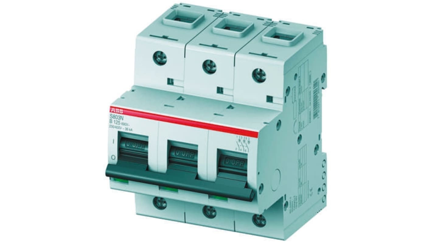Interruttore magnetotermico ABB S803N-B63, tripolare 63A, montaggio su guida DIN, tensione 400-690V, larghezza 79,5 mm.