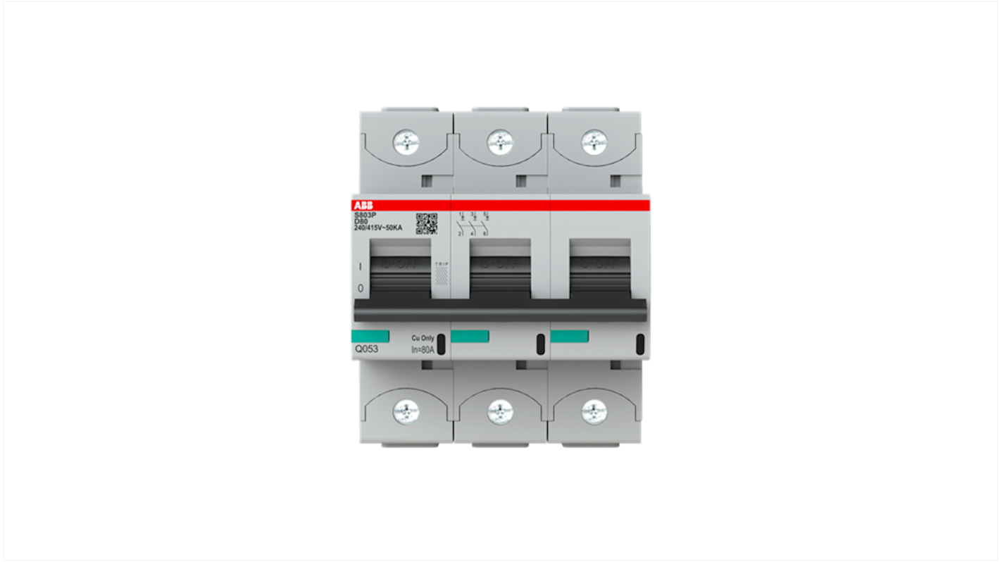 Interruttore magnetotermico ABB 3P Tipo D, 80A, montaggio su guida DIN, dimensioni 95x79,5x88,5 mm, conforme a IEC 60947-2.