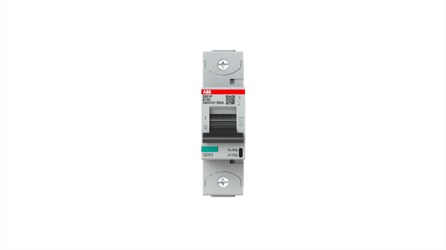 Interruttore magnetotermico ABB S800N-B, 1P 100A, montaggio su guida DIN, tensione 400-690 V, capacità di rottura 36 kA.