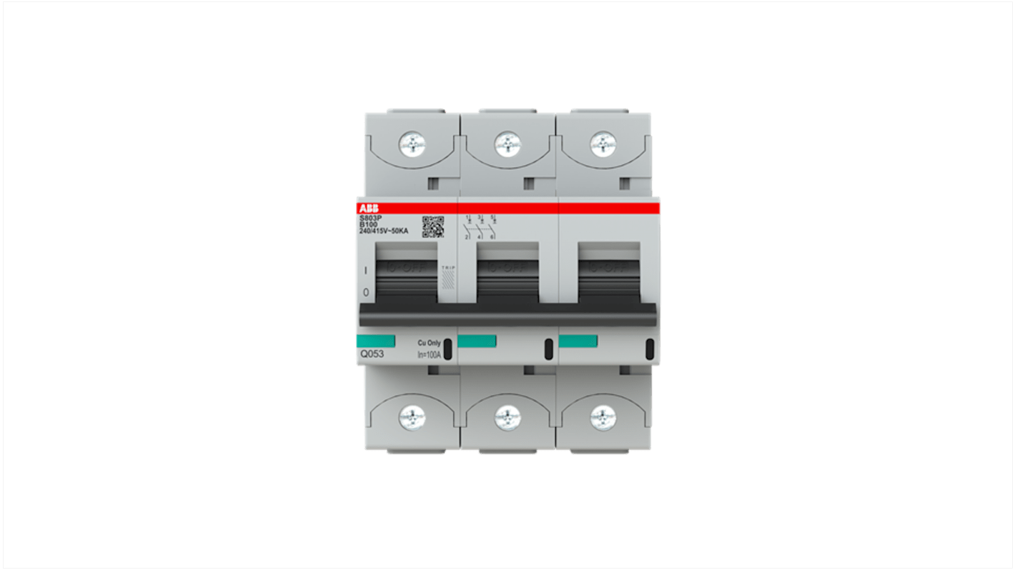 ABB interruttore magnetotermico 3P Tipo B, 100A, montaggio su guida DIN, larghezza 79,5 mm, conforme a EN 60898-1.