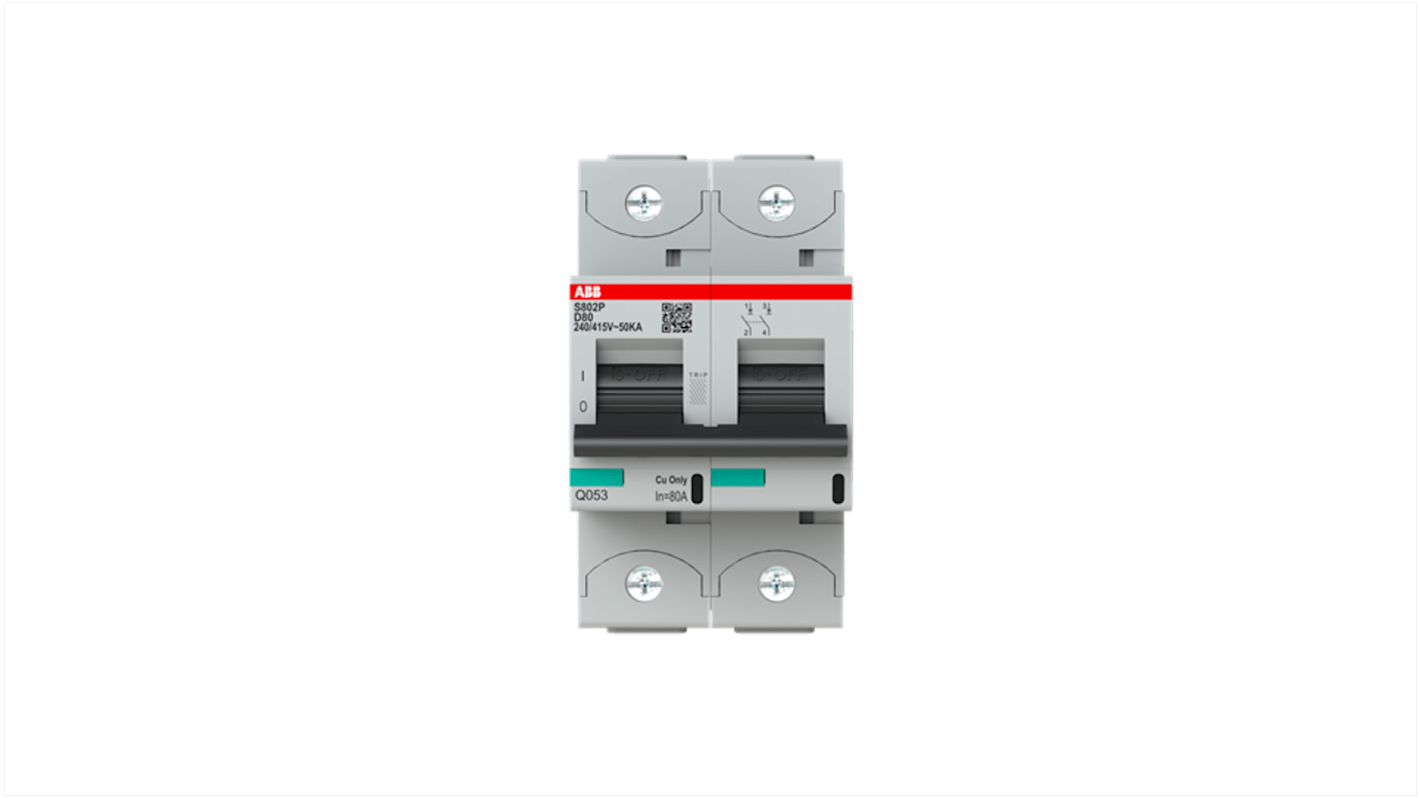 Interruttore magnetotermico ABB 2P Tipo D, 80A, montaggio su guida DIN, dimensioni 53x95x88.5 mm, conforme a EN 60898-1.