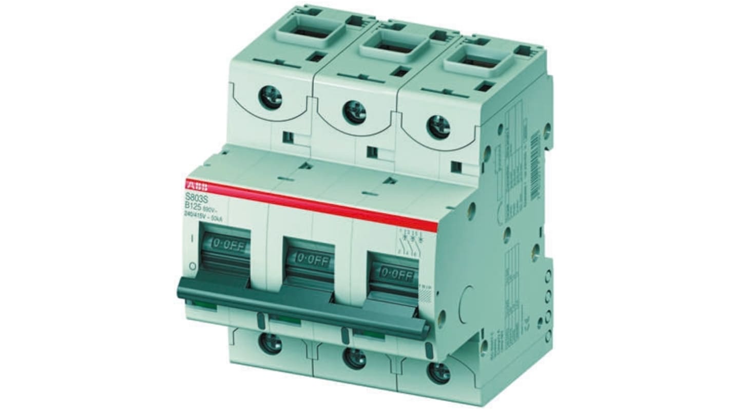 Interruttore magnetotermico ABB S803S-C63, tripolare 63A, montaggio su guida DIN, dimensioni 79,5x95x88,5 mm.