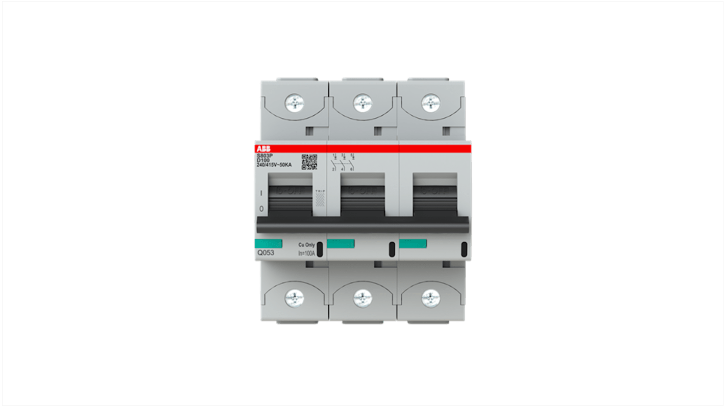Interruttore magnetotermico ABB 3P Tipo D, 100A, montaggio su guida DIN, larghezza 79,5 mm, capacità di interruzione 50 kA.